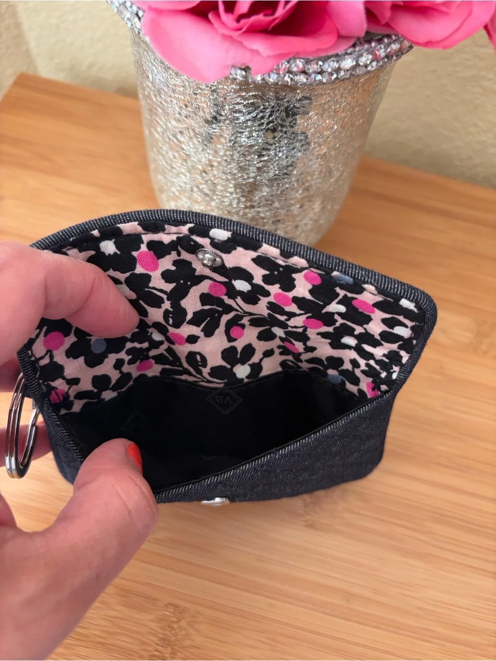 Vera Bradley Black Floral ID Coin Pouch with Pink Accents - Picture 9 of 10
